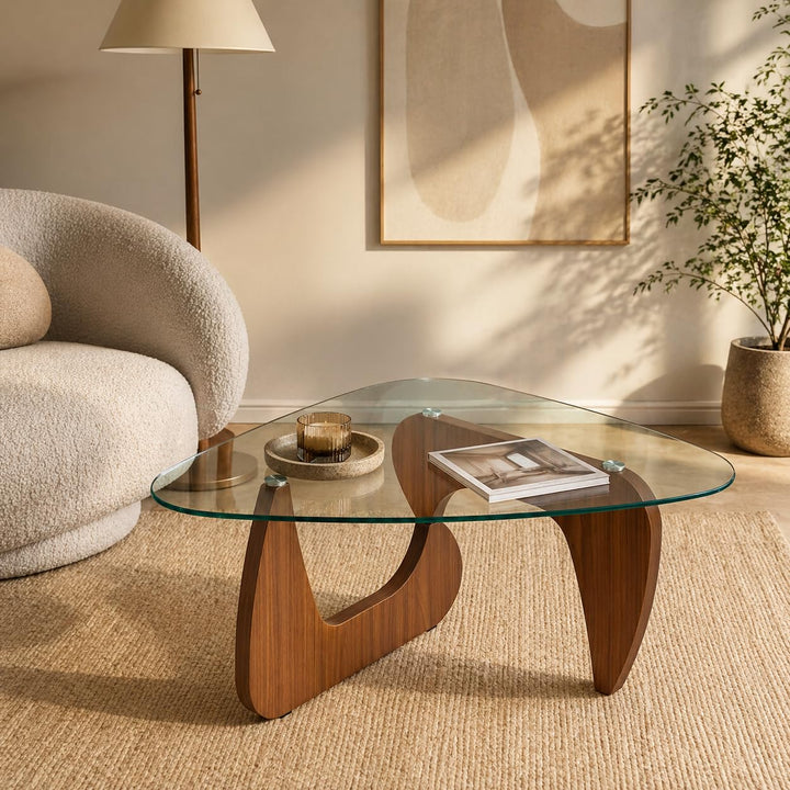 LUROVAN 35.8" Glass Coffee Table, Walnut Finish Wood Base 