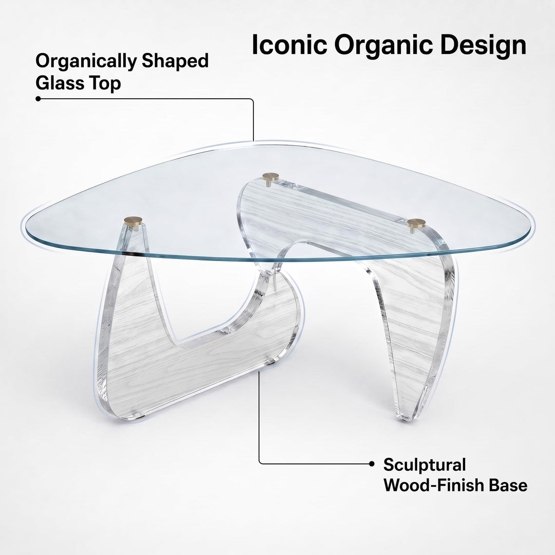 LUROVAN 35.8" Glass Coffee Table, Walnut Finish Wood Base 