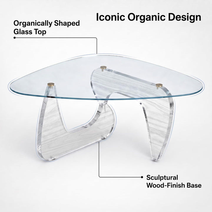 LUROVAN 35.8" Glass Coffee Table, Walnut Finish Wood Base 