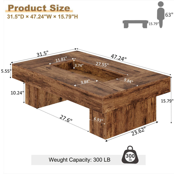 LVB 47"X31" Large Rectangle Wood Coffee Table for Living Room Rustic Brown 