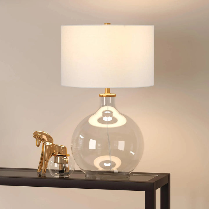 Laelia 24.75 Inch Tall Table Lamp with Fabric Shade, Clear Glass/Brass/White