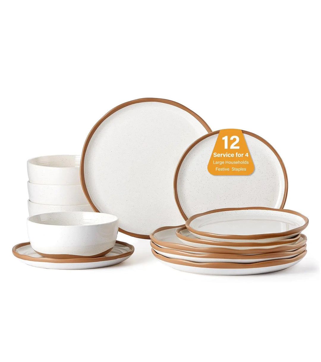 Lareina Plates and Bowls Set, 12 Pieces Farmhouse Ceramic Dinnerware Sets, Vanilla White