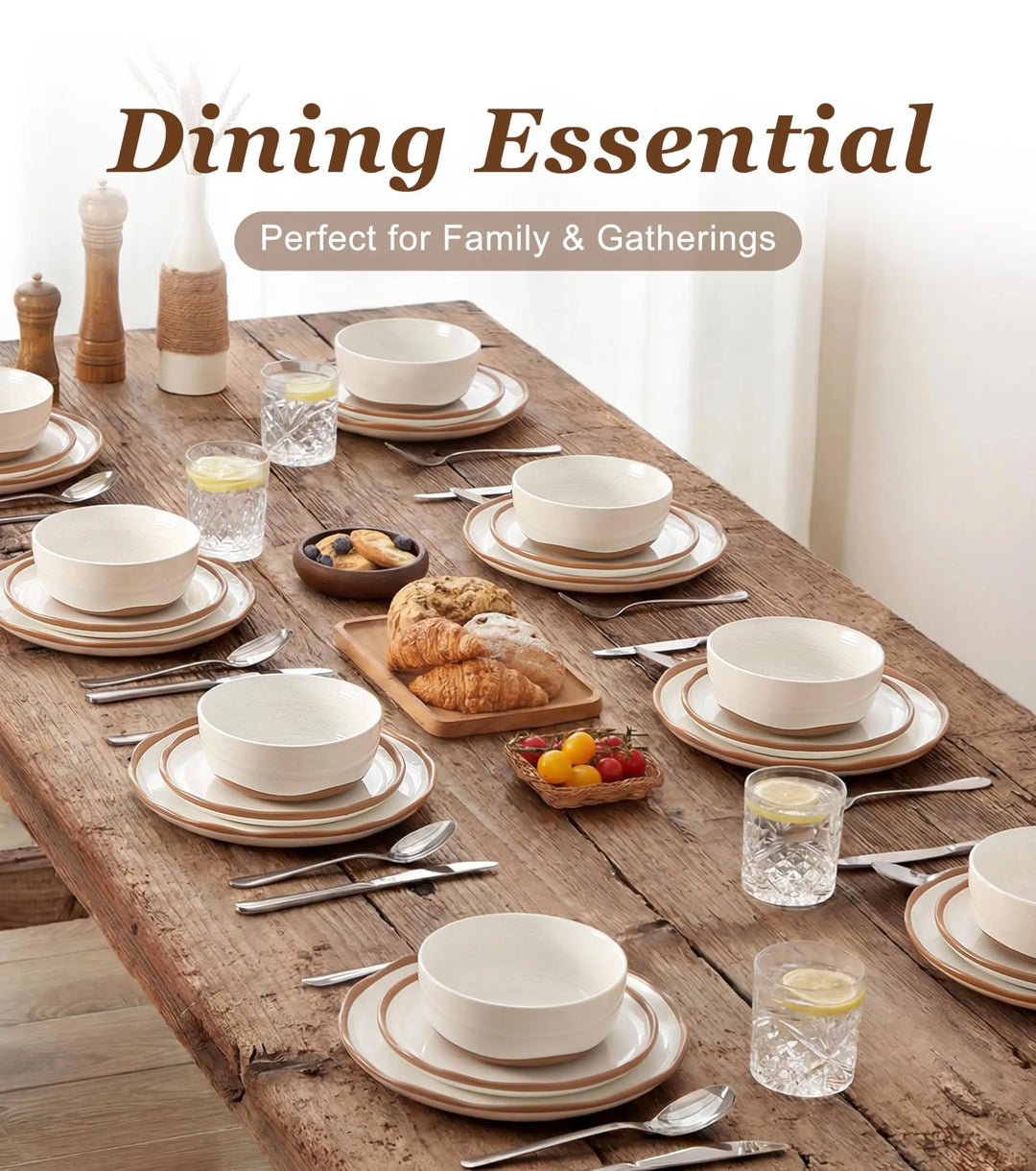 Lareina Plates and Bowls Set, 12 Pieces Farmhouse Ceramic Dinnerware Sets, Vanilla White