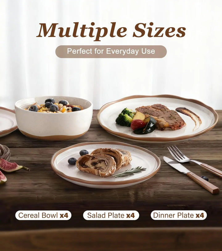 Lareina Plates and Bowls Set, 12 Pieces Farmhouse Ceramic Dinnerware Sets, Vanilla White