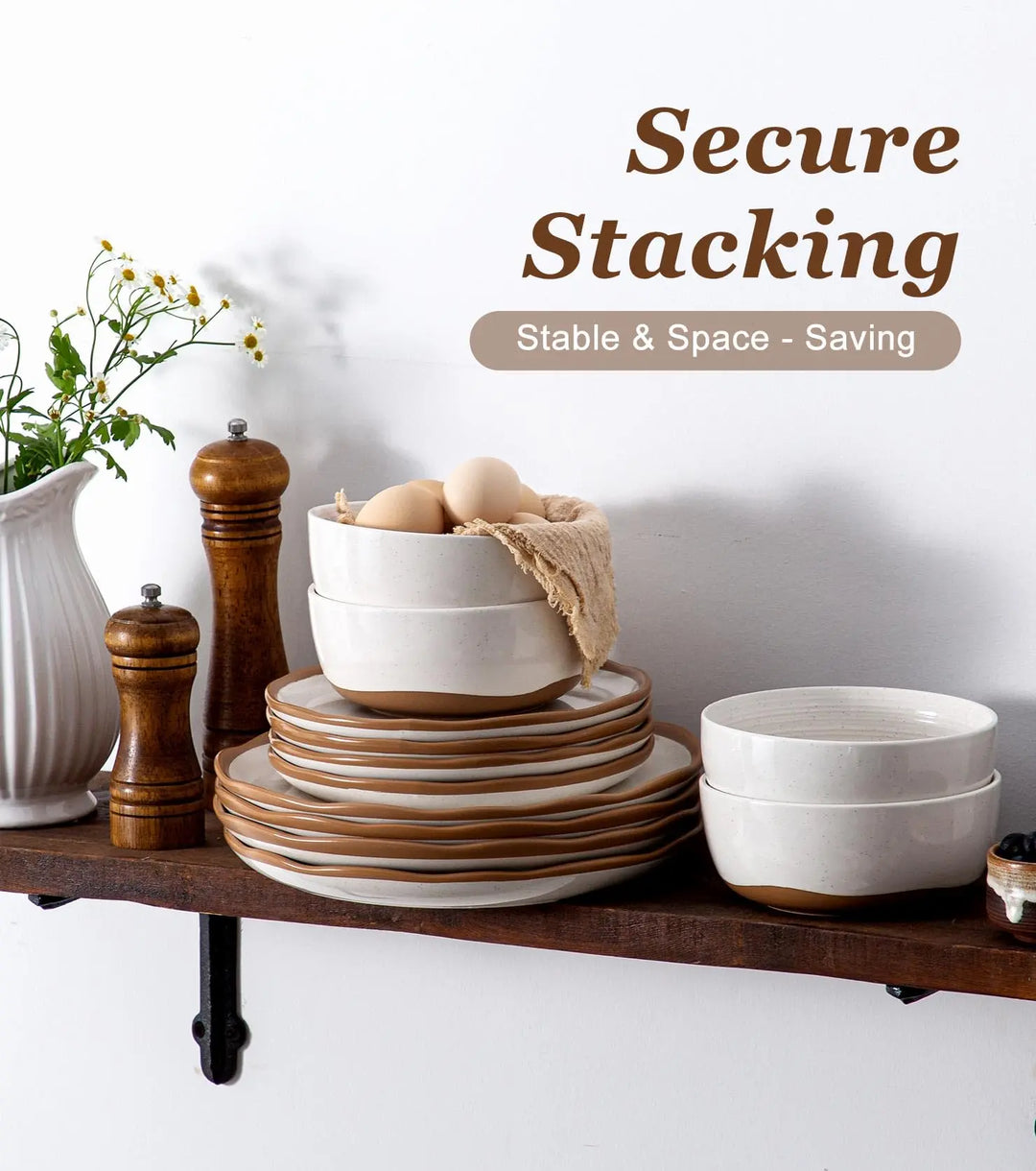 Lareina Plates and Bowls Set, 12 Pieces Farmhouse Ceramic Dinnerware Sets, Vanilla White