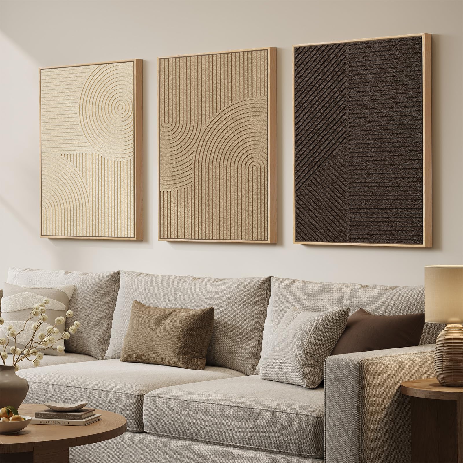 Large 3D Textured Framed Boho Neutral Wall Art for Living Room, 3 Piece Modern Minimalist Texture Paintings Artwork for Walls, Brown Beige Tan Geometric Pictures for Hallway Office Wall Decor 20x30 In 