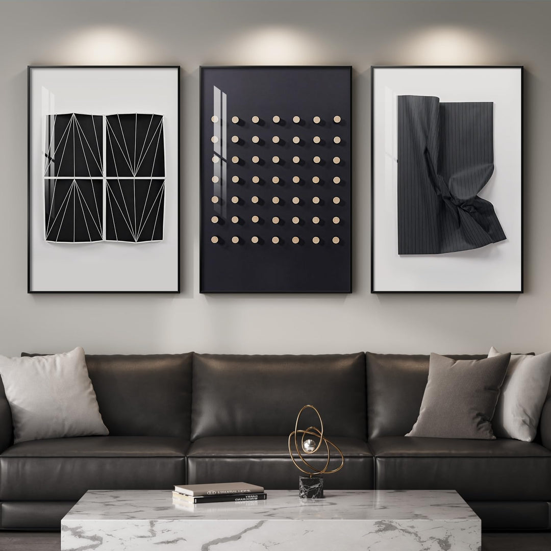 Large Framed Modern Elegant Black and White Abstract Wall Art for Living Room, 3 Piece Contemporary Prints Paintings, Big Size Geometric Pictures for Bedroom Entryway Home Office Wall Decor 24x36 In 