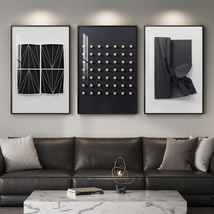 Large Framed Modern Elegant Black and White Abstract Wall Art for Living Room, 3 Piece Contemporary Prints Paintings, Big Size Geometric Pictures for Bedroom Entryway Home Office Wall Decor 24x36 In 