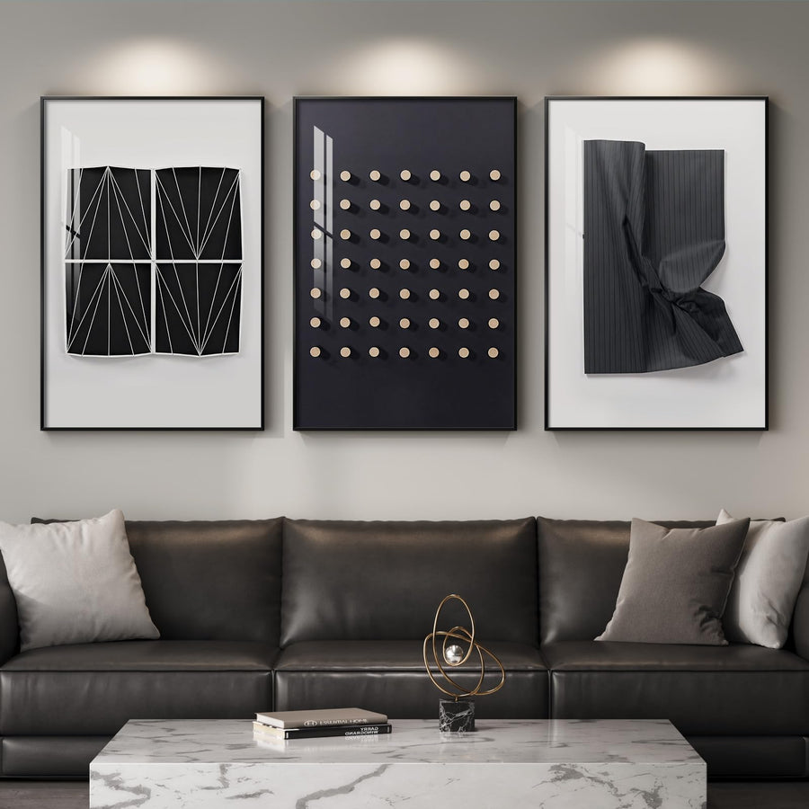 Large Framed Modern Elegant Black and White Abstract Wall Art for Living Room, 3 Piece Contemporary Prints Paintings, Big Size Geometric Pictures for Bedroom Entryway Home Office Wall Decor 24x36 In 