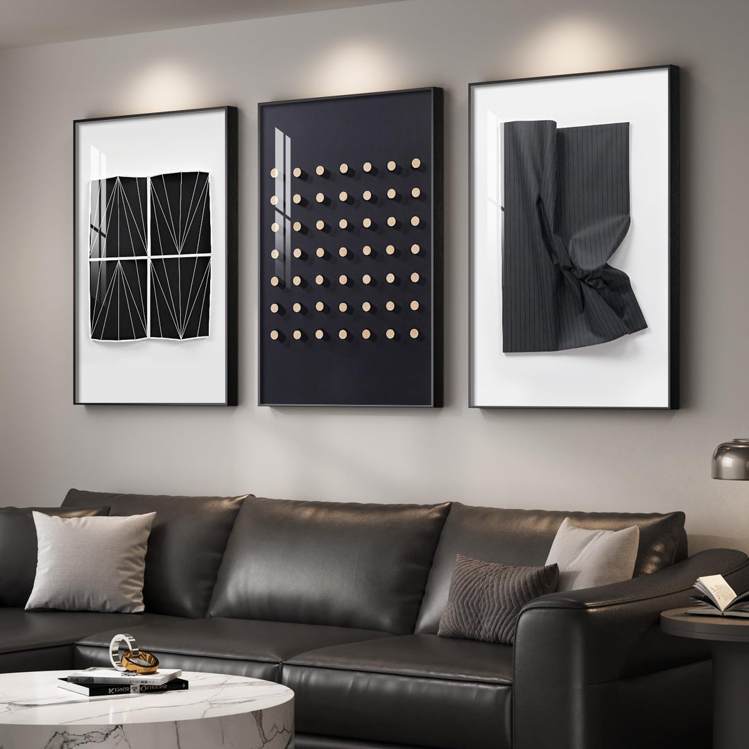 Large Framed Modern Elegant Black and White Abstract Wall Art for Living Room, 3 Piece Contemporary Prints Paintings, Big Size Geometric Pictures for Bedroom Entryway Home Office Wall Decor 24x36 In 