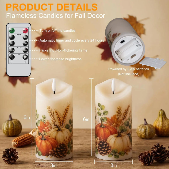 Lasumora Fall Decor for Home, Flameless Pumpkin Pillar Candles with Remote