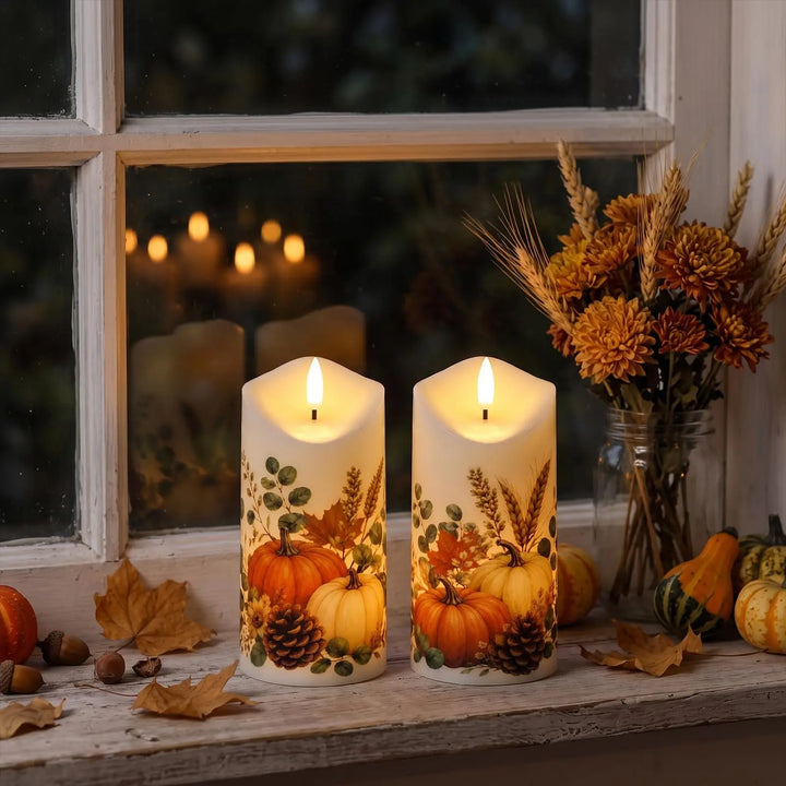 Lasumora Fall Decor for Home, Flameless Pumpkin Pillar Candles with Remote