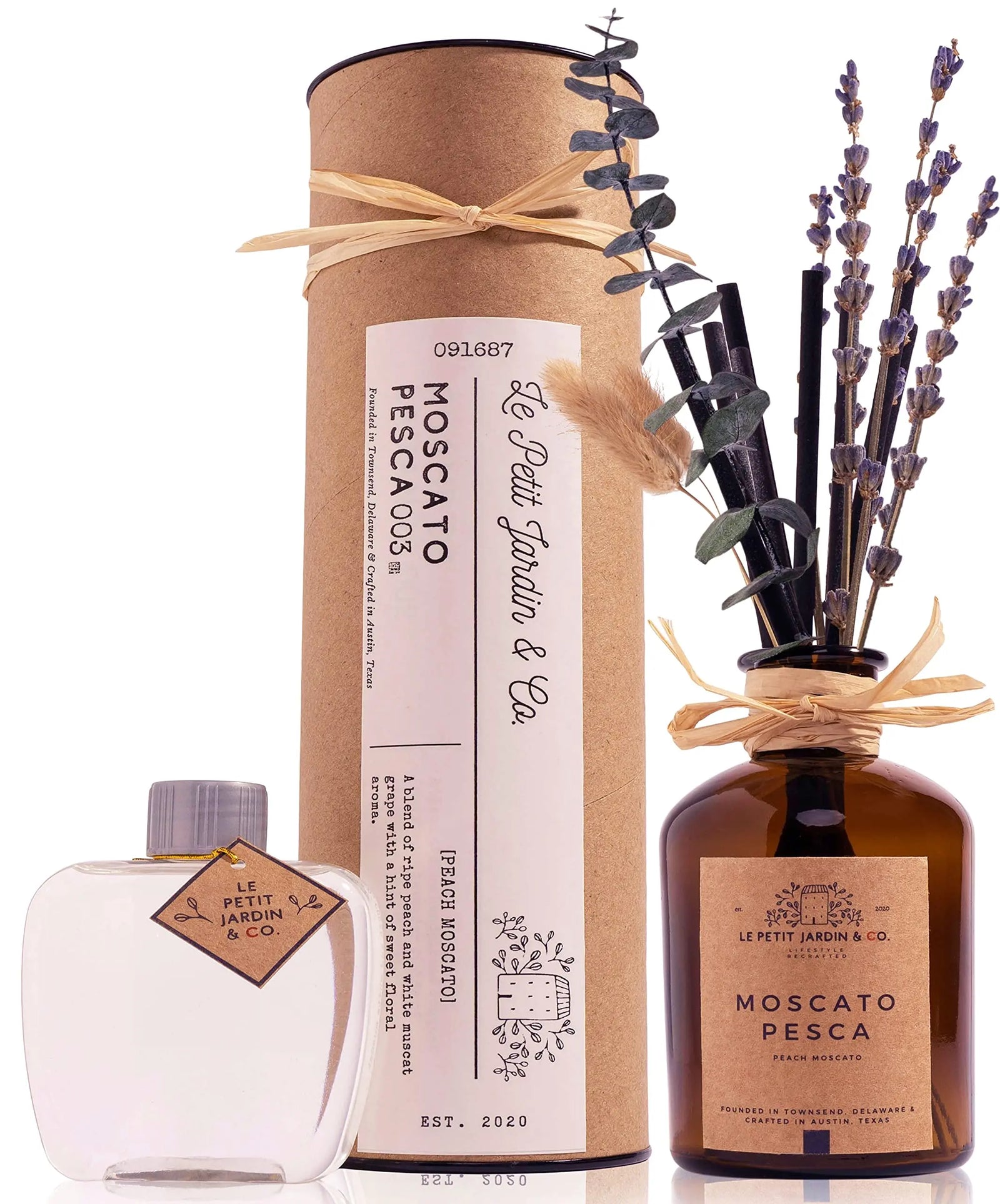 Le Petit Jardin & Co. Real Preserved Dried Flower Reed Diffuser Oil Scented Stick Fragrance Gift Set for Rustic Farmhouse Home Office Desk Bathroom Decor (Peach Moscato, Lavender & Eucalyptus) 