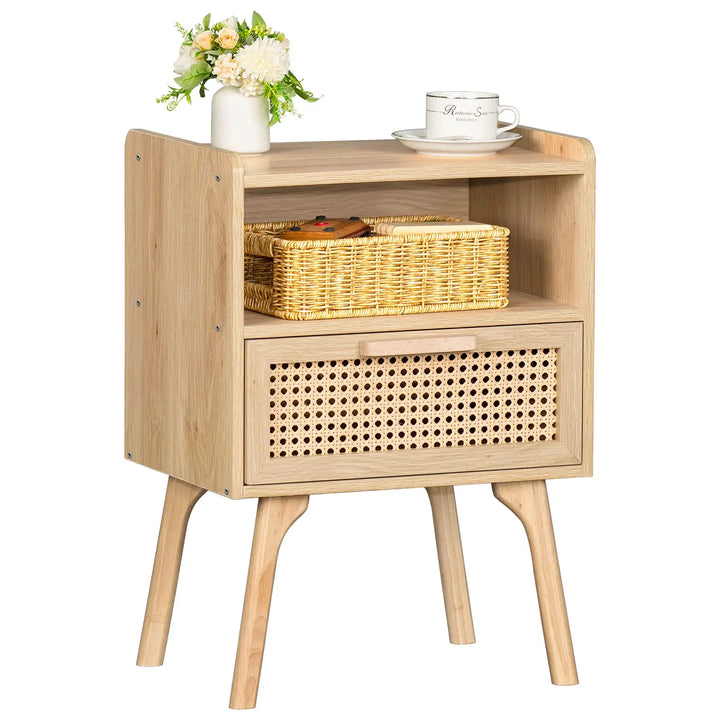 Lerliuo Rattan Nightstand, Boho Side Table with Drawer Open Shelf 