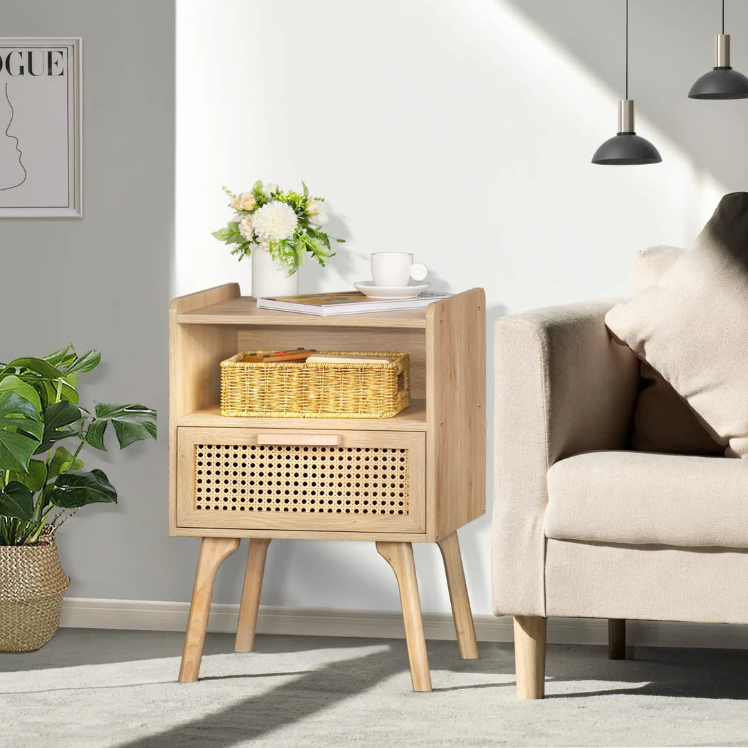 Lerliuo Rattan Nightstand, Boho Side Table with Drawer Open Shelf 