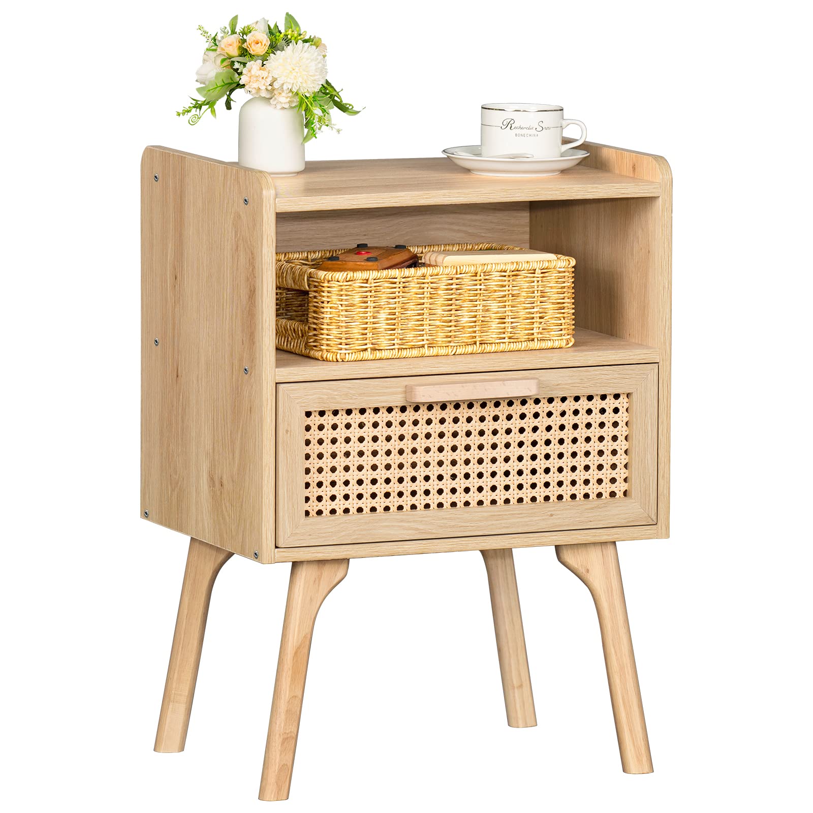 Lerliuo Rattan Nightstand, Boho Side Table with Drawer Open Shelf 