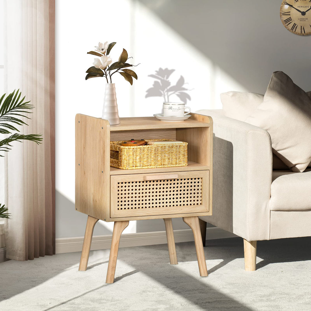 Lerliuo Rattan Nightstand, Boho Side Table with Drawer Open Shelf 