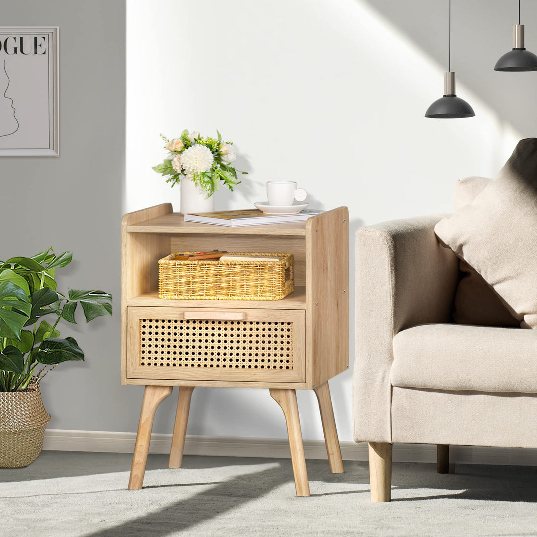 Lerliuo Rattan Nightstand, Boho Side Table with Drawer Open Shelf 