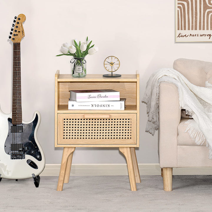 Lerliuo Rattan Nightstand, Boho Side Table with Drawer Open Shelf 