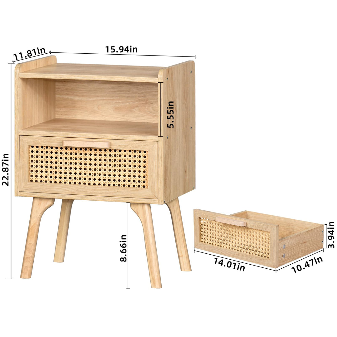 Lerliuo Rattan Nightstand, Boho Side Table with Drawer Open Shelf 