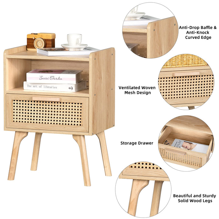Lerliuo Rattan Nightstand, Boho Side Table with Drawer Open Shelf 