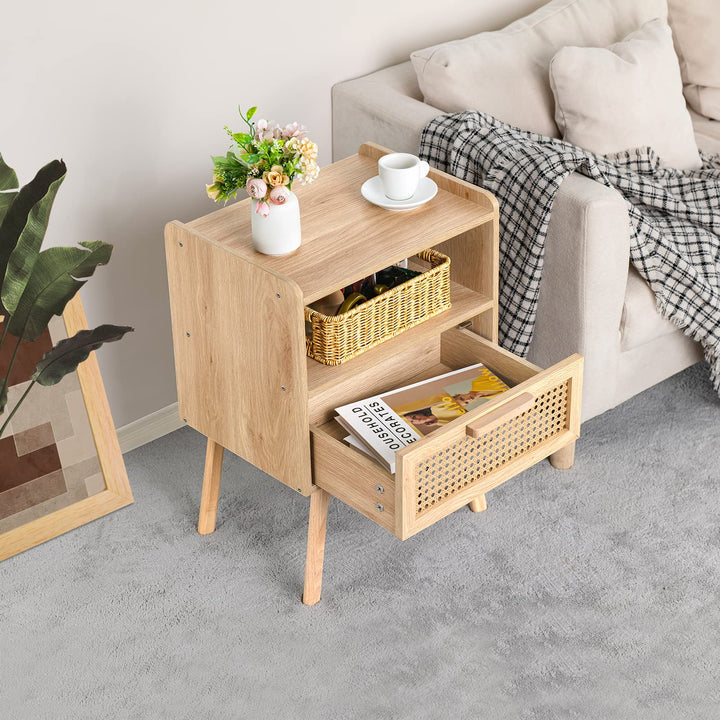 Lerliuo Rattan Nightstand, Boho Side Table with Drawer Open Shelf 