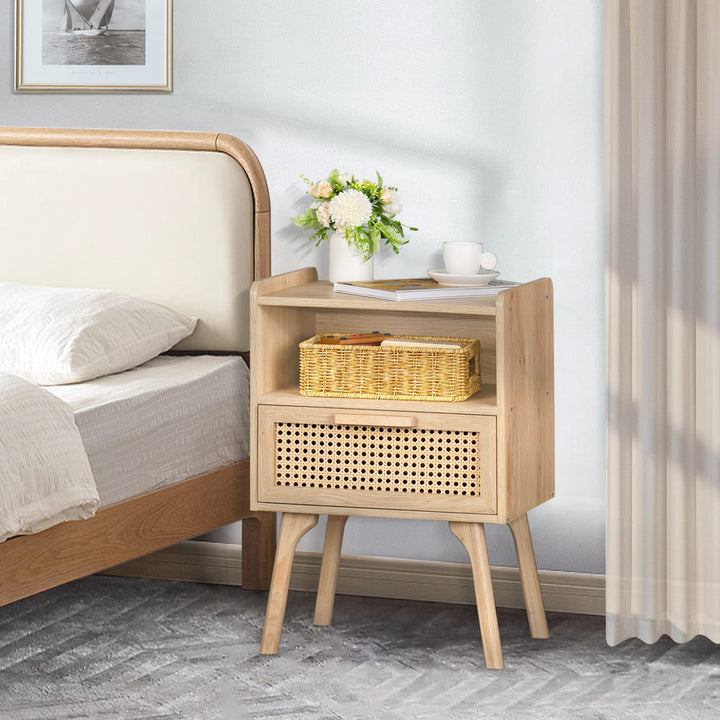 Lerliuo Rattan Nightstand, Boho Side Table with Drawer Open Shelf 