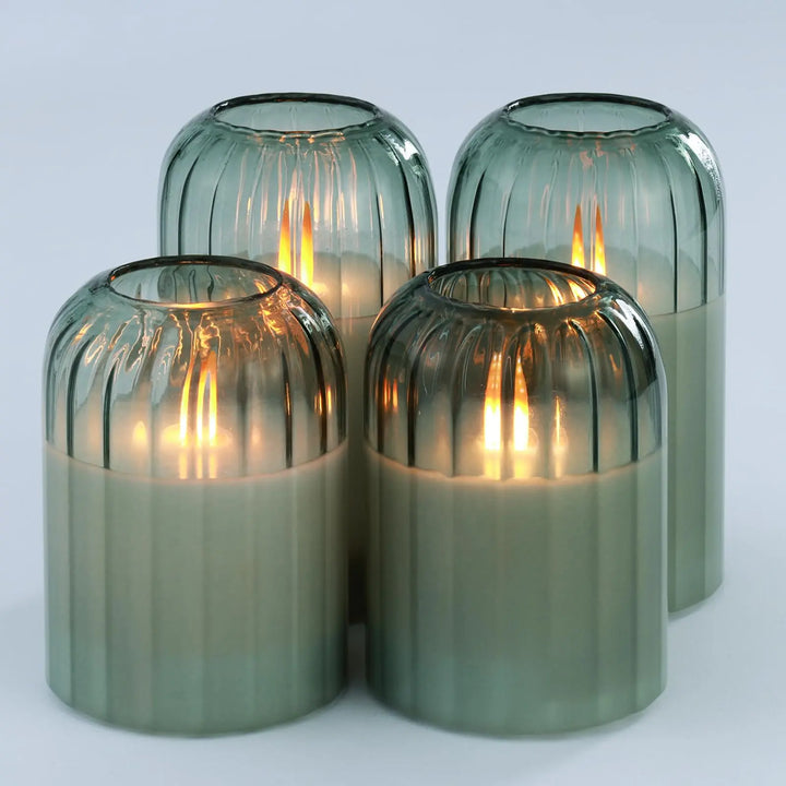 Lezonic Green Glass Flameless Candles with Remote, Set of 4 Dancing Flame LED Pillar Candles, Real Wax Battery Operated Candles with 2/4/6/8H Timer, Fall Halloween Thanksgiving Christmas Decor