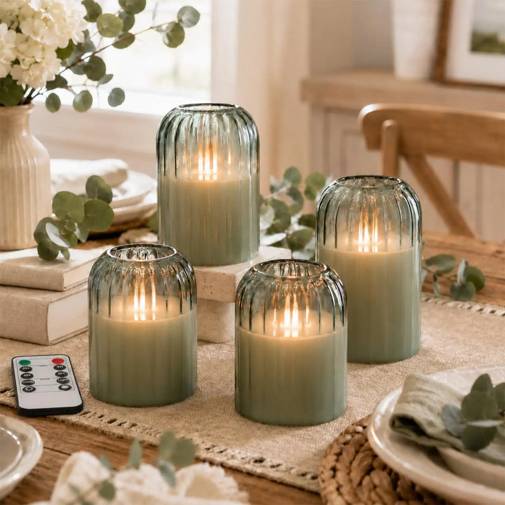 Lezonic Green Glass Flameless Candles with Remote, Set of 4 Dancing Flame LED Pillar Candles, Real Wax Battery Operated Candles with 2/4/6/8H Timer, Fall Halloween Thanksgiving Christmas Decor