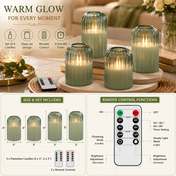 Lezonic Green Glass Flameless Candles with Remote, Set of 4 Dancing Flame LED Pillar Candles, Real Wax Battery Operated Candles with 2/4/6/8H Timer, Fall Halloween Thanksgiving Christmas Decor