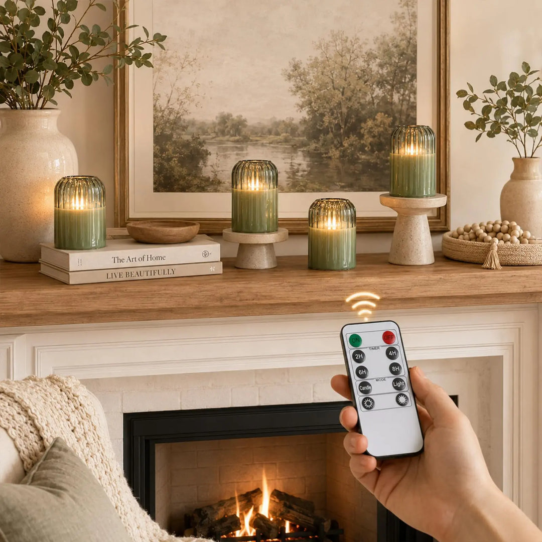 Lezonic Green Glass Flameless Candles with Remote, Set of 4 Dancing Flame LED Pillar Candles, Real Wax Battery Operated Candles with 2/4/6/8H Timer, Fall Halloween Thanksgiving Christmas Decor