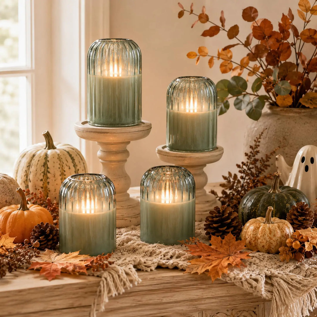 Lezonic Green Glass Flameless Candles with Remote, Set of 4 Dancing Flame LED Pillar Candles, Real Wax Battery Operated Candles with 2/4/6/8H Timer, Fall Halloween Thanksgiving Christmas Decor