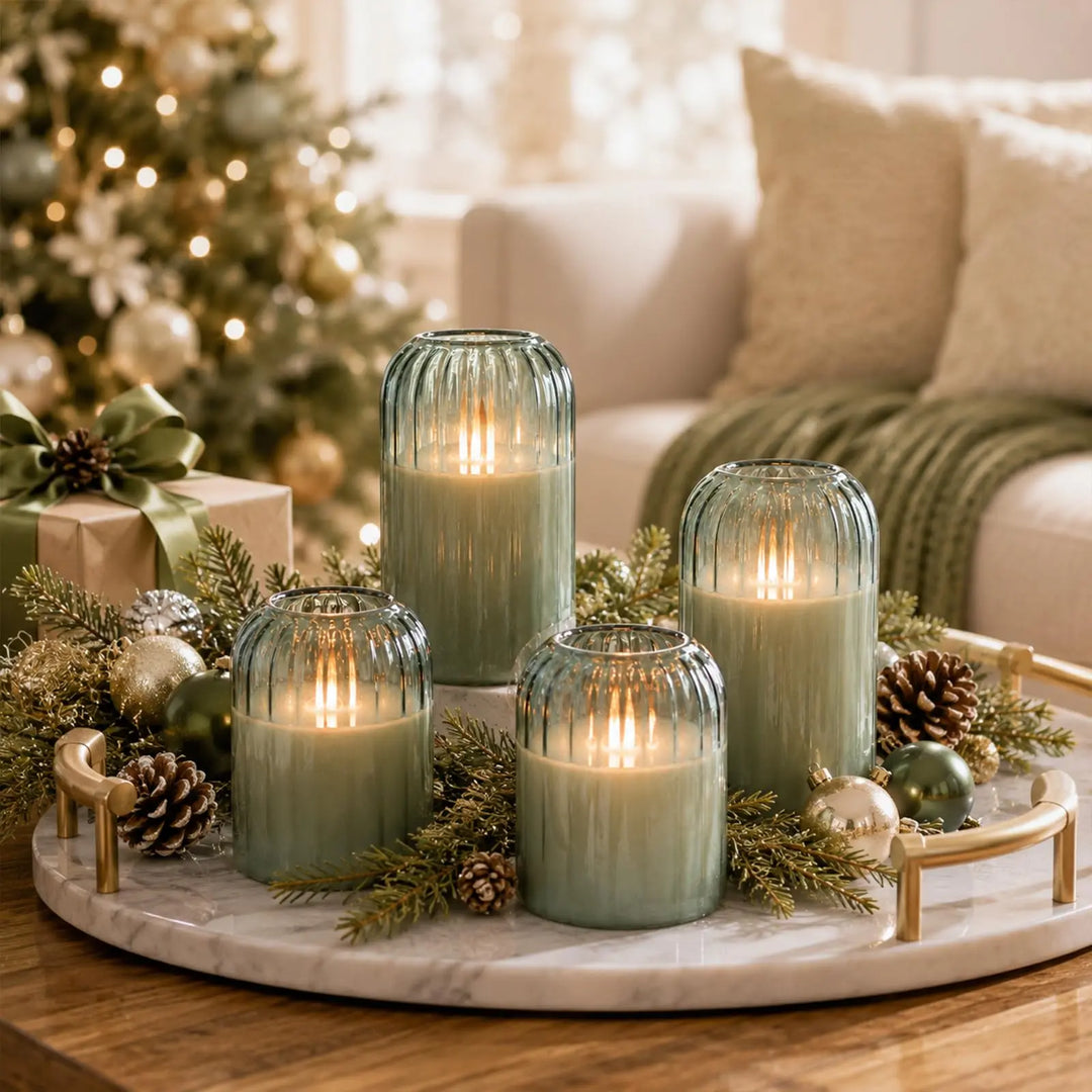 Lezonic Green Glass Flameless Candles with Remote, Set of 4 Dancing Flame LED Pillar Candles, Real Wax Battery Operated Candles with 2/4/6/8H Timer, Fall Halloween Thanksgiving Christmas Decor