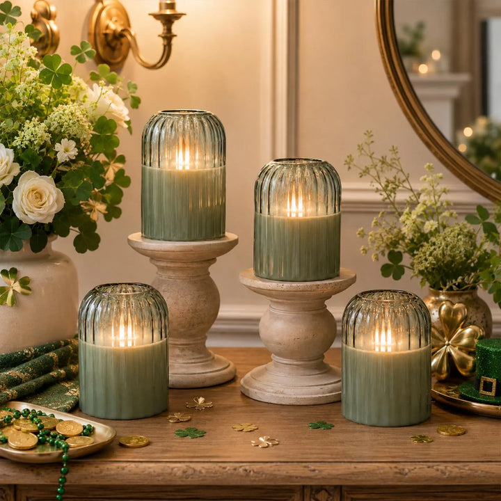 Lezonic Green Glass Flameless Candles with Remote, Set of 4 Dancing Flame LED Pillar Candles, Real Wax Battery Operated Candles with 2/4/6/8H Timer, Fall Halloween Thanksgiving Christmas Decor