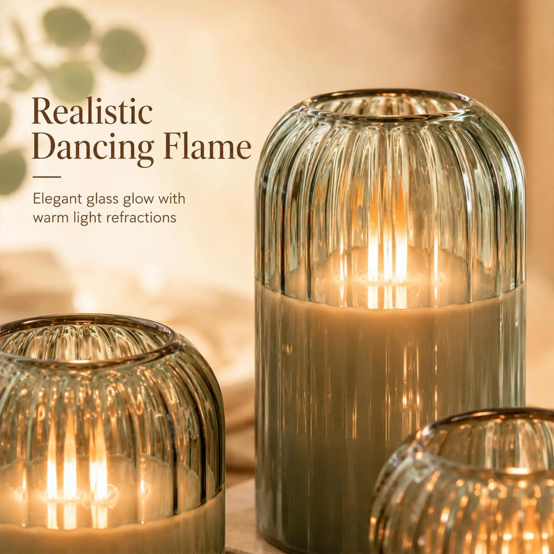 Lezonic Green Glass Flameless Candles with Remote, Set of 4 Dancing Flame LED Pillar Candles, Real Wax Battery Operated Candles with 2/4/6/8H Timer, Fall Halloween Thanksgiving Christmas Decor