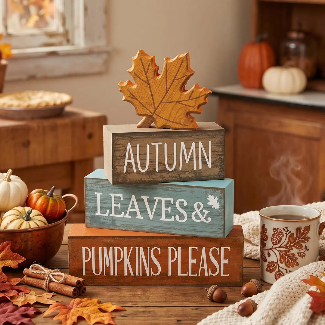 Lineshading 4 Pcs Fall Table Decor, Thanksgiving Wooden Maple Leaf Sign