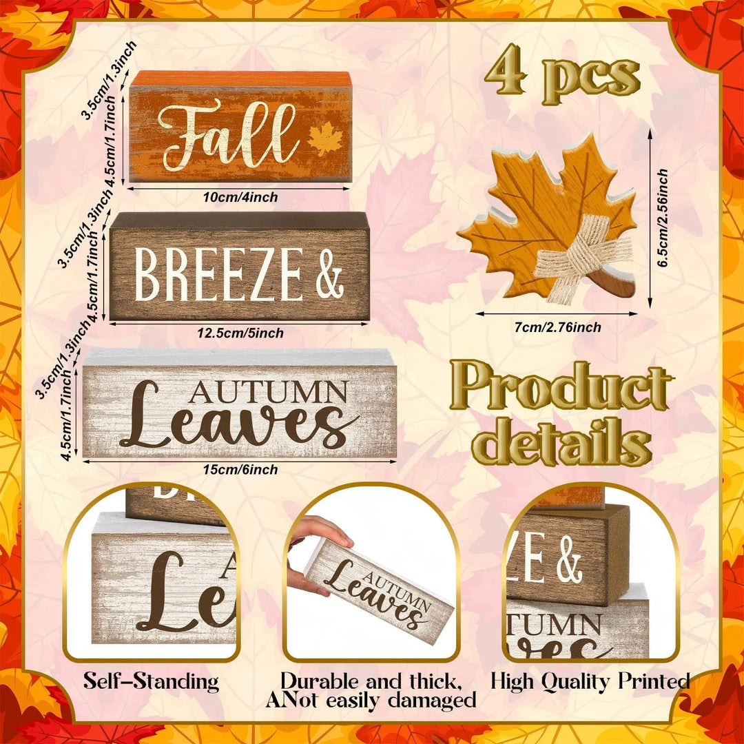 Lineshading 4 Pcs Wooden Fall Block Signs, Farmhouse Tabletop Decor