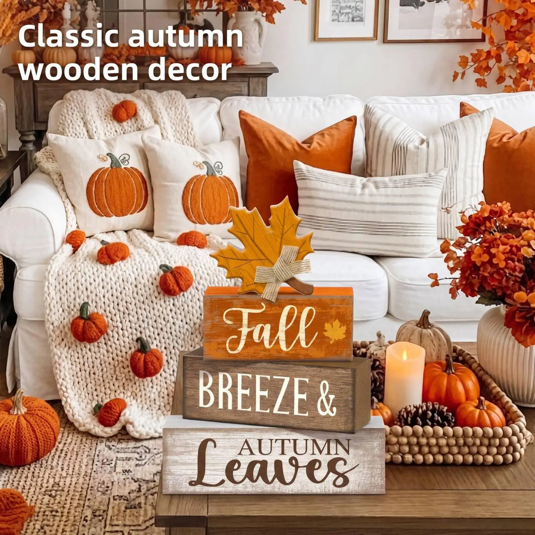 Lineshading 4 Pcs Wooden Fall Block Signs, Farmhouse Tabletop Decor