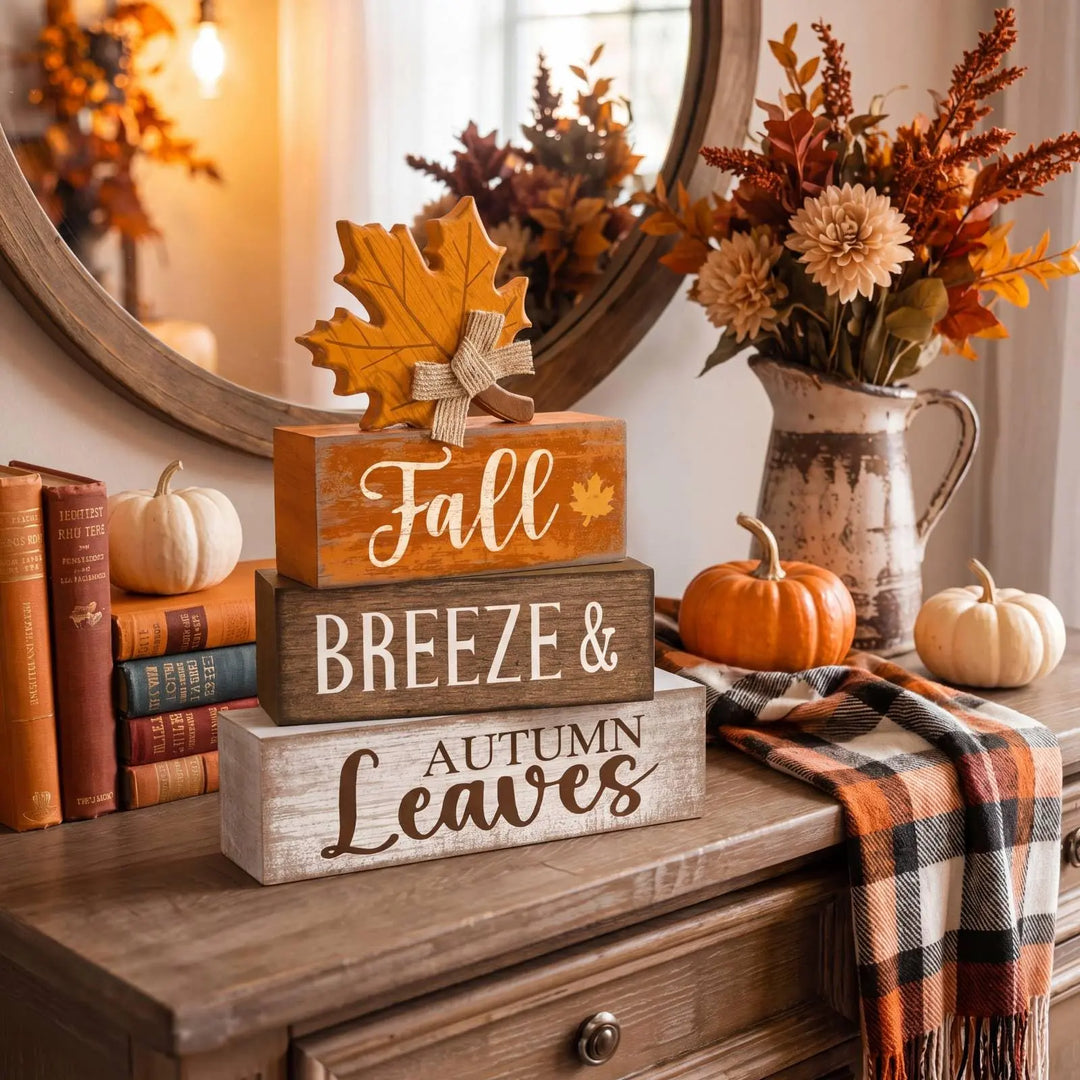 Lineshading 4 Pcs Wooden Fall Block Signs, Farmhouse Tabletop Decor
