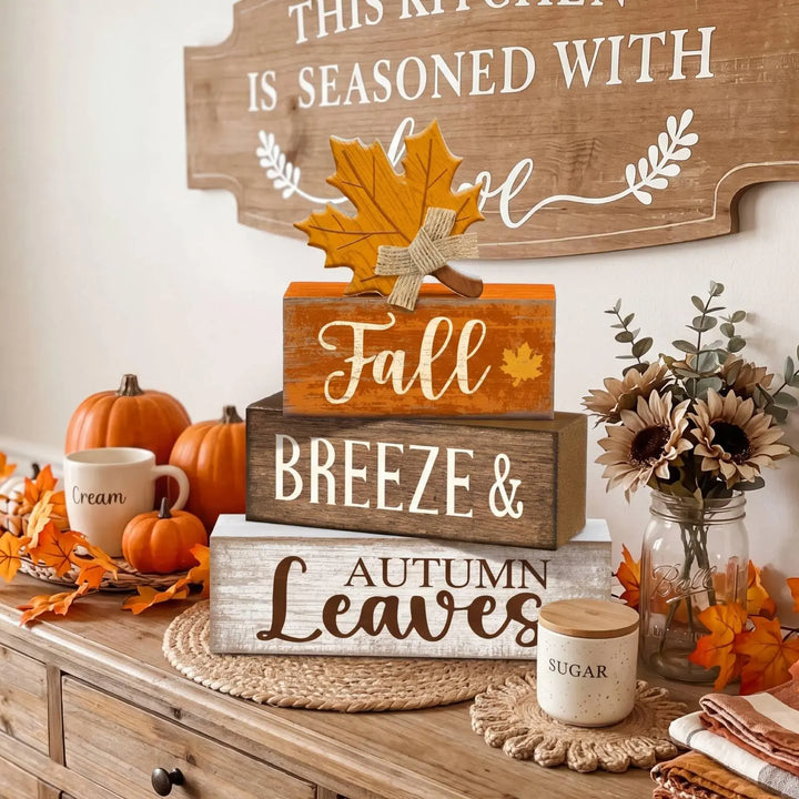Lineshading 4 Pcs Wooden Fall Block Signs, Farmhouse Tabletop Decor