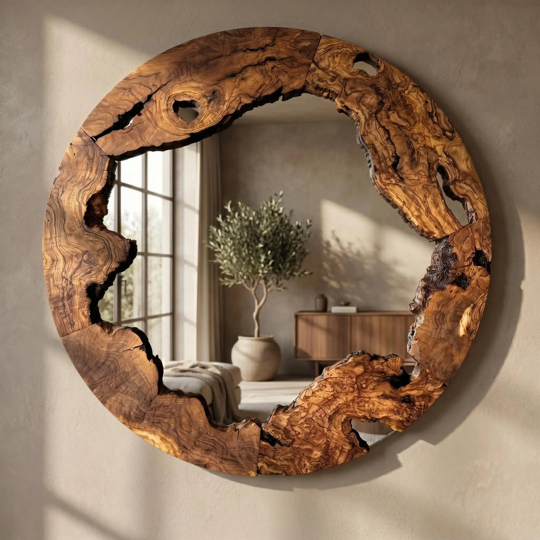 Live Edge Olive Wood Mirror, Round Rustic Wall Decor, 28 Inch