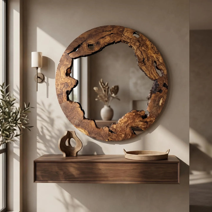 Live Edge Olive Wood Mirror, Round Rustic Wall Decor, 28 Inch