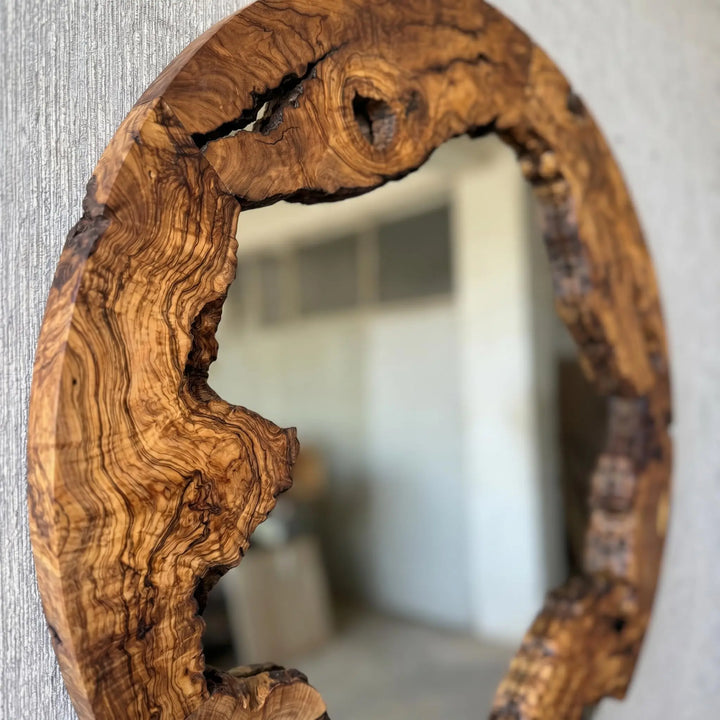 Live Edge Olive Wood Mirror, Round Rustic Wall Decor, 28 Inch