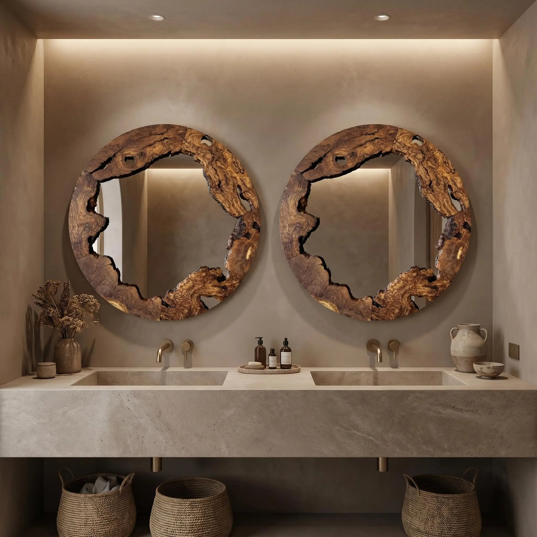 Live Edge Olive Wood Mirror, Round Rustic Wall Decor, 28 Inch