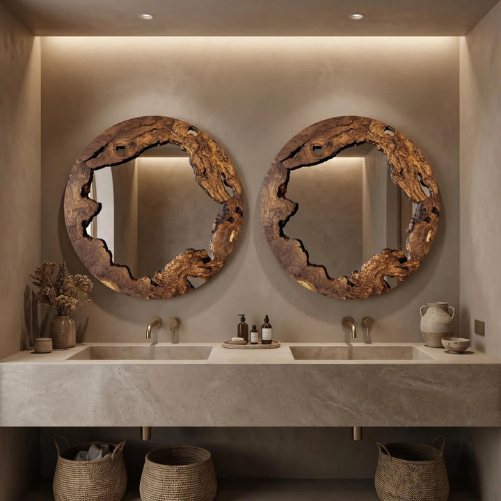 Live Edge Olive Wood Mirror, Round Rustic Wall Decor, 28 Inch