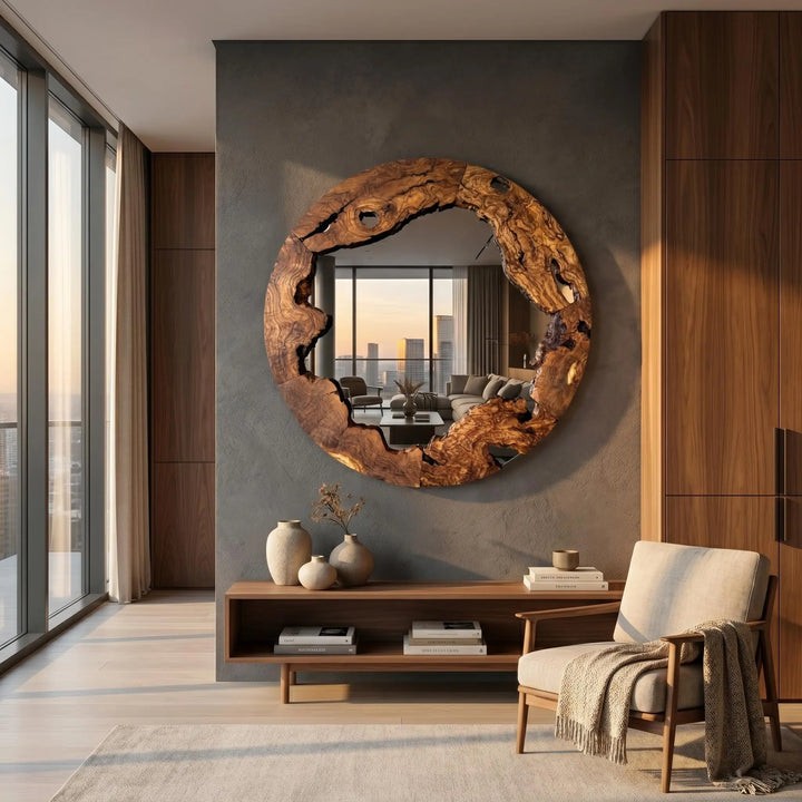 Live Edge Olive Wood Mirror, Round Rustic Wall Decor, 28 Inch