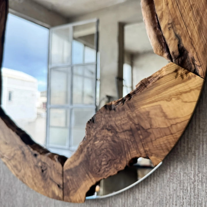 Live Edge Olive Wood Mirror, Round Rustic Wall Decor, 28 Inch