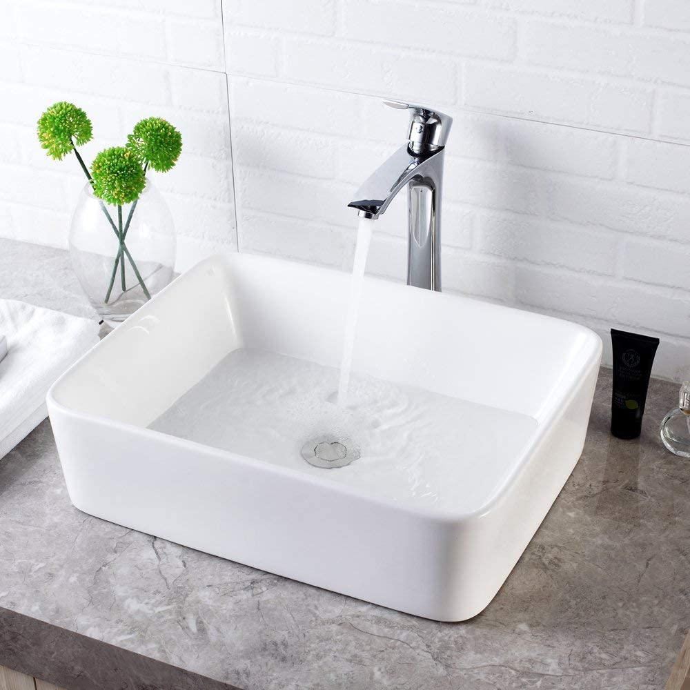 Lordear Vessel Sink Rectangle 19 Inch Bathroom Sink,Rectangular Modern Above Counter Bathroom Sinks White 19x15 Inch Porcelain Ceramic Vessel Vanity Sink Art Basin 