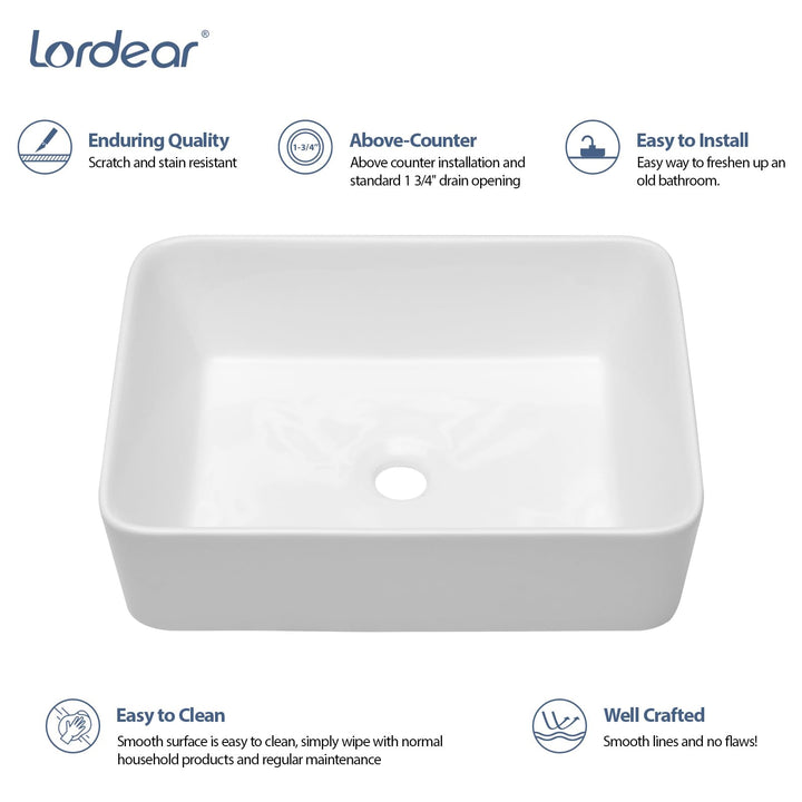 Lordear Vessel Sink Rectangle 19 Inch Bathroom Sink,Rectangular Modern Above Counter Bathroom Sinks White 19x15 Inch Porcelain Ceramic Vessel Vanity Sink Art Basin 