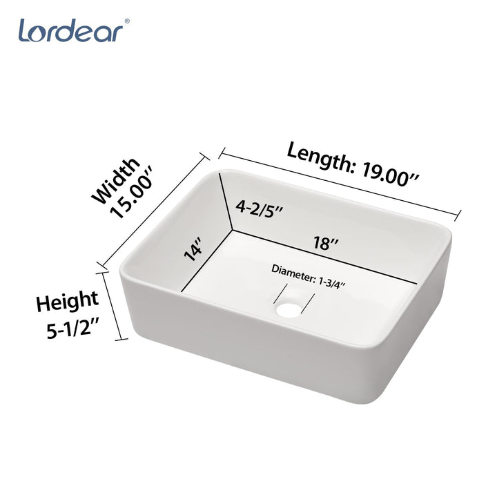 Lordear Vessel Sink Rectangle 19 Inch Bathroom Sink,Rectangular Modern Above Counter Bathroom Sinks White 19x15 Inch Porcelain Ceramic Vessel Vanity Sink Art Basin 